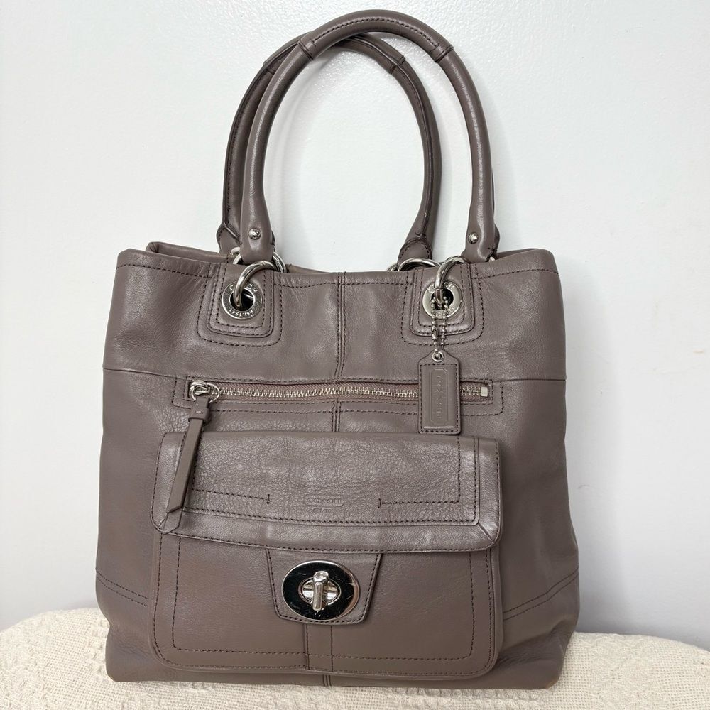 Coach Hampton Leather Turnlock NS Tote Z27748 Dark Grey North South Shoulder Bag